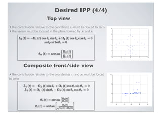 Desired IPP (4/4)
                            Top view
•The contribution relative to the coordinate x must be forced to zero
                                                           3

•The sensor must be located in the plane formed by x and x              1      2



      L3 (t) = −Ω1 (t) cos θe sin θa + Ω2 (t) cos θa cos θe = 0
                         subject to θe = 0

                                                          
                                     Ω2 (t)
                     θa (t) = arctan
                                     Ω1 (t)

          Composite front/side view
•The contribution relative to the coordinates x                1   and x2 must be forced
to zero

          L1 (t) = −Ω2 (t) sin θe + Ω3 (t) cos θe sin θa = 0
          L2 (t) = Ω1 (t) sin θe − Ω3 (t) cos θa cos θe = 0

                                                      
                                              Ω2 (t)
                        θa (t) = arctan       Ω1 (t)
                                                              
                                              Ω3 (t)
                   θe (t) = arctan √
                                      Ω1 (t)+Ω2 (t)
 