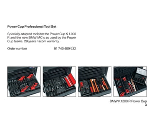 Power Cup Professional Tool Set

Specially adapted tools for the Power Cup K 1200
R and the new BMW MC’s as used by the Power
Cup teams. 20 years Facom warranty.

Order number                    81 740 409 932




                                                   BMW K1200 R Power Cup
                                                                       3
 