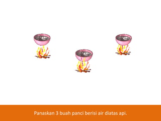 Panaskan 3 buah panci berisi air diatas api.

 
