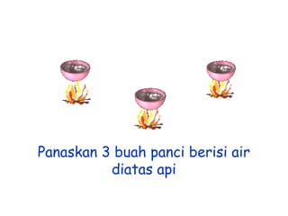 Panaskan 3 buah panci berisi air
diatas api

 