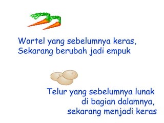 Wortel yang sebelumnya keras,
Sekarang berubah jadi empuk

Telur yang sebelumnya lunak
di bagian dalamnya,
sekarang menjadi keras

 