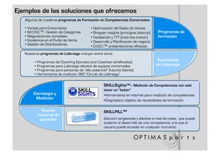 Ejemplos de las soluciones que ofrecemos
   Algunos de nuestros programas de Formación en Competencias Comerciales:

   • Ventas para Crecimiento                • Optimización del Gasto de Ventas
   • M.O.R.E.TM- Gestión de Categorías      • Shopper insights (principios básicos)     Programas de
   • Negociaciones complejas                • Facilitación y TTT (train the trainer)    formación
   • Excelencia en el Punto de Venta        • Desarrollo y Planificación de negocio
   • Gestión de Distribuidores
                                            • D.I.S.C.TM- presentaciones eficaces
   Nuestros programas de Liderazgo incluyen entre otros:

         • Programas de Coaching Ejecutivo (con Coaches certificados)
                                                                                       Aprendizaje
         • Programas para Liderazgo efectivo de equipos comerciales                    de Liderazgo
         • Programas para personas de “alto potencial” (futuros líderes)
         • Herramienta de medición 360 “Circulo de Liderazgo”

                                                     SKILLSightsTM– Medición de Competencias con solo
                                                     tocar un “botón”
        Estrategia y                                 •  erramienta en internet para medición de competencias
                                                      H
         Medición                                    •  iagnóstico objetivo de necesidades de formación
                                                      D

            Nuevas                                   SKILLPILLTM
          maneras de
           aprender                                  Solución targetizada y efectiva a nivel de coste, que puede
                                                     acelerar el desarrollo de una competencia, a la que el
                                                     usuario puede acceder en cualquier momento
 