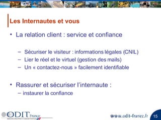 La relation client : service et confiance Sécuriser le visiteur : informations légales (CNIL) Lier le réel et le virtuel (gestion des mails) Un « contactez-nous » facilement identifiable Rassurer et sécuriser l’internaute :  instaurer la confiance Les Internautes et vous  