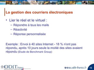 Lier le réel et le virtuel : Répondre à tous les mails Réactivité Réponse personnalisée La gestion des courriers électroniques  Exemple : Envoi à 40 sites Internet - 18 % n’ont pas répondu, après 10 jours seule la moitié des sites avaient répondu  (Etude de Benchmark Group)  