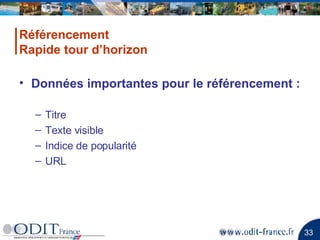 Données importantes pour le référencement :   Titre  Texte visible  Indice de popularité URL Référencement Rapide tour d’horizon 
