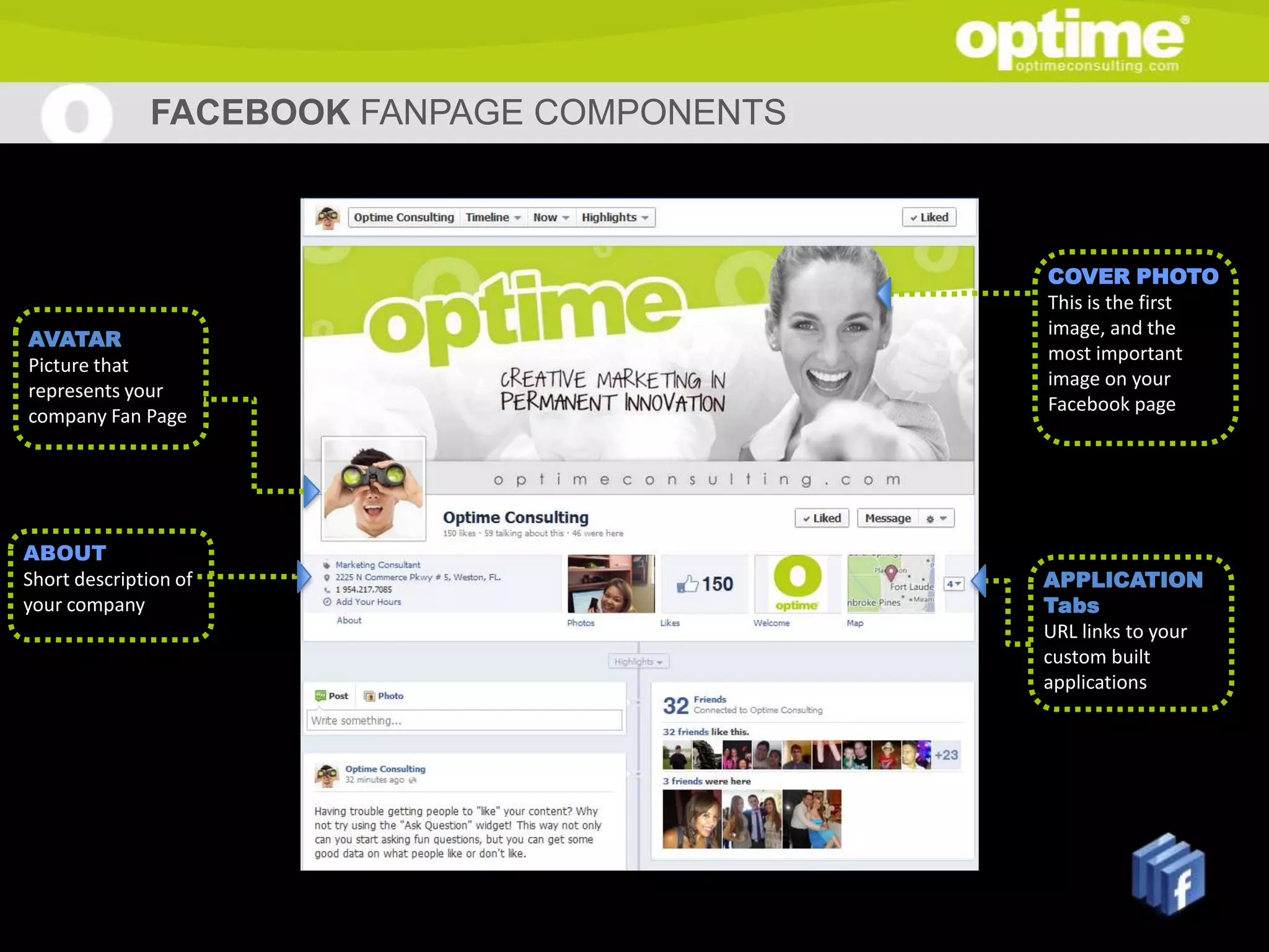 FACEBOOK FANPAGE COMPONENTS



                                                                       COVER PHOTO
                                                                       This is the first
                                                                       image, and the
AVATAR
                                                                       most important
Picture that
                                                                       image on your
represents your
                                                                       Facebook page
company Fan Page




ABOUT
Short description of                                                   APPLICATION
your company                                                           Tabs
                                                                       URL links to your
                                                                       custom built
                                                                       applications




                                      |   A LEADING HIGH TECH MARKETING CONSULTING GROUP
 