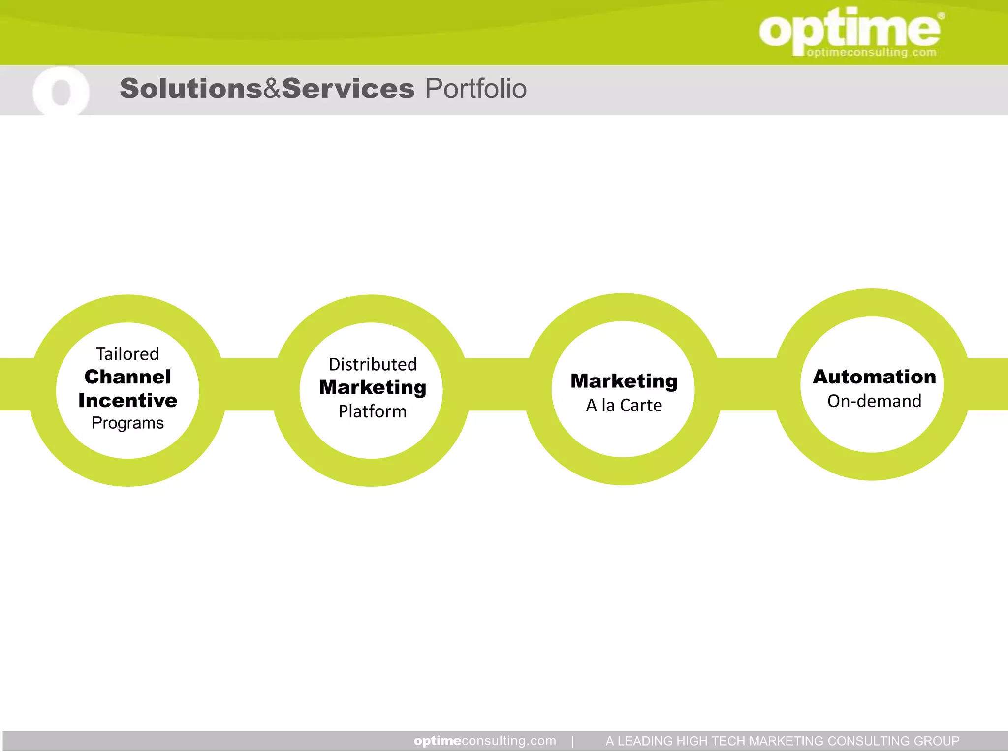 Solutions&Services Portfolio




  Tailored
                  Distributed
 Channel                           Marketing                     Automation
                 Marketing
Incentive                           A la Carte                    On-demand
                   Platform
 Programs




                                   |   A LEADING HIGH TECH MARKETING CONSULTING GROUP
 