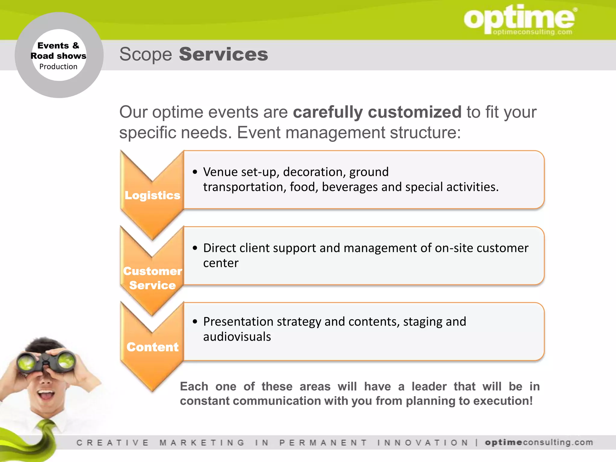 Events &
Road shows
 Production
              Scope Services


              Our optime events are carefully customized to fit your
              specific needs. Event management structure:

                          • Venue set-up, decoration, ground
                            transportation, food, beverages and special activities.
              Logistics



                          • Direct client support and management of on-site customer
                            center
              Customer
               Service


                          • Presentation strategy and contents, staging and
                            audiovisuals
              Content


                        Each one of these areas will have a leader that will be in
                        constant communication with you from planning to execution!
 