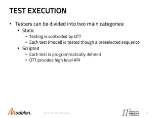 TEST EXECUTION
• Testers can be divided into two main categories:
 Static
• Testing is controlled by OTT
• Each test (model) is tested though a preselected sequence
 Scripted
• Each test is programmatically defined
• OTT provides high level API
2015-09-29 © Modelon 14
 