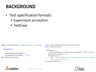 BACKGROUND
• Test specification formats
 Experiment annotation
 TestCase
2015-09-29 © Modelon 3
 