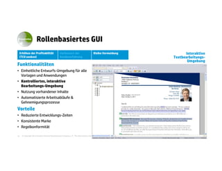 Presentation
                      Rollenbasiertes GUI
 Erhöhen der Profitabilität                      Verbessern der                          Risiko Vermeidung                                    Interaktive
 (TCO senken)                                    Kundenerfahrung                                                                        Textbearbeitungs-
                                                                                                                                               Umgebung
Funktionalitäten
• Einheitliche Entwurfs-Umgebung für alle
  Vorlagen und Anwendungen
• Kontrolliertes, interaktive
  Bearbeitungs-Umgebung
• Nutzung vorhandener Inhalte
• Automatisierte Arbeitsabläufe &
  Gehnemigungsprozesse
Vorteile
• Reduzierte Entwicklungs-Zeiten
• Konsistente Marke
• Regelkonformität

24   © Copyright 2012 Hewlett-Packard Development Company, L.P. The information contained herein is subject to change without notice.
 