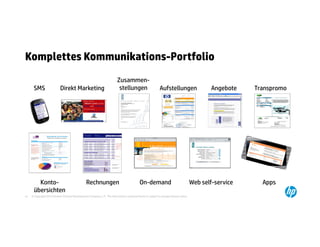 Komplettes Kommunikations-Portfolio
                                                                           Zusammen-
      SMS                   Direkt Marketing                                stellungen                        Aufstellungen                     Angebote   Transpromo




        Konto-                                   Rechnungen                                  On-demand                                  Web self-service     Apps
      übersichten
41   © Copyright 2012 Hewlett-Packard Development Company, L.P. The information contained herein is subject to change without notice.
 
