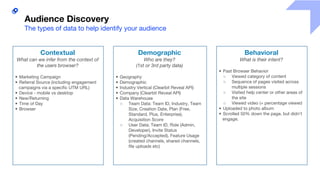 Behavioral
What is their intent?
• Past Browser Behavior
○ Viewed category of content
○ Sequence of pages visited across
multiple sessions
○ Visited help center or other areas of
the site
○ Viewed video (+ percentage viewed
• Uploaded to photo album
• Scrolled 50% down the page, but didn’t
engage.
Contextual
What can we infer from the context of
the users browser?
• Marketing Campaign
• Referral Source (including engagement
campaigns via a specific UTM URL)
• Device - mobile vs desktop
• New/Returning
• Time of Day
• Browser
Demographic
Who are they?
(1st or 3rd party data)
• Geography
• Demographic
• Industry Vertical (Clearbit Reveal API)
• Company (Clearbit Reveal API)
• Data Warehouse
○ Team Data: Team ID, Industry, Team
Size, Creation Date, Plan (Free,
Standard, Plus, Enterprise),
Acquisition Score
○ User Data: Team ID, Role (Admin,
Developer), Invite Status
(Pending/Accepted), Feature Usage
(created channels, shared channels,
file uploads etc)
Audience Discovery
The types of data to help identify your audience
 