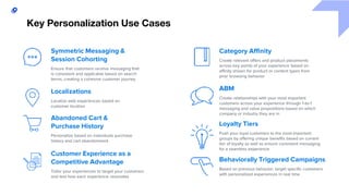 35
Key Personalization Use Cases
Category Affinity
Create relevant offers and product placements
across key points of your experience based on
affinity shown for product or content types from
prior browsing behavior
Customer Experience as a
Competitive Advantage
Tailor your experiences to target your customers
and test how each experience resonates
Symmetric Messaging &
Session Cohorting
Ensure that customers receive messaging that
is consistent and applicable based on search
terms, creating a cohesive customer journey
Localizations
Localize web experiences based on
customer location
Behaviorally Triggered Campaigns
Based on previous behavior, target specific customers
with personalized experiences in real time
ABM
Create relationships with your most important
customers across your experience through 1-to-1
messaging and value propositions based on which
company or industry they are in
Loyalty Tiers
Push your loyal customers to the most important
groups by offering unique benefits based on current
tier of loyalty as well as ensure consistent messaging
for a seamless experience
Abandoned Cart &
Purchase History
Personalize based on individuals purchase
history and cart abandonment
 