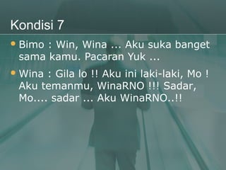 Kondisi 7
 Bimo: Win, Wina ... Aku suka banget
 sama kamu. Pacaran Yuk ...
 Wina : Gila lo !! Aku ini laki-laki, Mo !
 Aku temanmu, WinaRNO !!! Sadar,
 Mo.... sadar ... Aku WinaRNO..!!
 