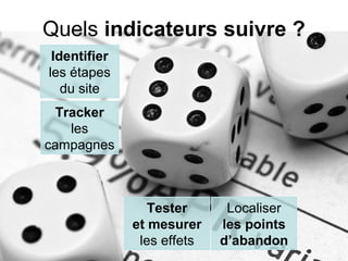 Quels indicateurs suivre ?
 Identifier
les étapes
   du site
  Tracker
    les
campagnes



                 Tester      Localiser
              et mesurer    les points
               les effets   d’abandon
 