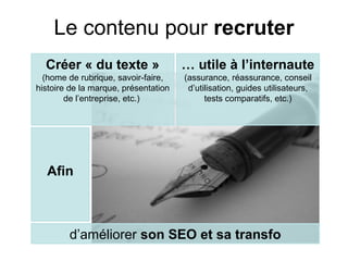 Le contenu pour recruter
  Créer « du texte »                  … utile à l’internaute
  (home de rubrique, savoir-faire,    (assurance, réassurance, conseil
histoire de la marque, présentation    d’utilisation, guides utilisateurs,
        de l’entreprise, etc.)              tests comparatifs, etc.)




  Afin



        d’améliorer son SEO et sa transfo
 