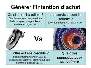 Générer l’intention d’achat
Ce site est il crédible ?          Les services sont ils
Graphisme, marque, services,            sérieux ?
 technologies, images, liens,     SAV, logistique, contacts, CGV,
    notoriété en ligne, etc.                    etc.




                      Vs
 L’offre est elle crédible ?                Quelques
    Positionnement prix (moteur de       secondes pour
 comparaison), gamme, profondeur des
       gammes, packages, etc.              convaincre
 