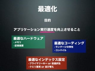 最適化
目的
アプリケーション実行速度を向上させること
最適なコーディング
•ランゲージの特性
•コンパイル
最適なハードウェア
•メモリ
•記憶装置
最適なインデックス設定
•プライマリーキー or 低選択性
•クエリ重視 or 並び替え
 
