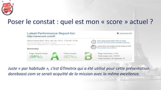 Poser le constat : quel est mon « score » actuel ?
Juste « par habitude », c’est GTmetrix qui a été utilisé pour cette présentation.
dareboost.com se serait acquitté de la mission avec la même excellence.
 