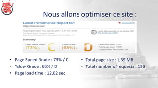 • Page Speed Grade : 73% / C
• Yslow Grade : 68% / D
• Page load time : 12,02 sec
Nous allons optimiser ce site :
• Total page size : 1,39 MB
• Total number of requests : 196
 
