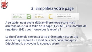 3. Simplifiez votre page
A ce stade, nous avons déjà amélioré notre score mais
arrêtons-nous sur la taille de la page (1,22 MB) et le nombre de
requêtes (192) : pourrions-nous le réduire ?
Le site d’exemple servant à cette présentation est un site
associatif qui reprend un module « Facebook fanpage ».
Dépublions-le et voyons le nouveau score.
 