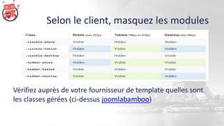 Selon le client, masquez les modules
Vérifiez auprès de votre fournisseur de template quelles sont
les classes gérées (ci-dessus joomlabamboo)
 