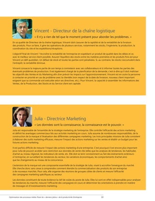 Vincent - Directeur de la chaîne logistique
« Il n'y a rien de tel que le moment présent pour aborder les problèmes. »
En sa qualité de Directeur de la chaîne logistique, Vincent doit s'assurer de la rapidité et de la rentabilité de la livraison
des produits. Pour ce faire, il gère les opérations de plusieurs services, notamment les stocks, l'ingénierie, la production, la
coordination du site et les expéditions/réceptions.
L'objectif final de Vincent ? Accroître la rentabilité de l'entreprise en expédiant un produit de qualité dans les délais et ce,
avec le meilleur service client possible. Assurer l'équilibre des stocks entre les matières premières et les produits finis est pour
Vincent un défi quotidien. Un défaut de stock et toutes les parties sont pénalisées. Si, au contraire, les stocks s'accumulent dans
l'entrepôt, la rentabilité diminue.
Vincent consacre la majeure partie de son temps à s'entretenir avec ses collaborateurs et à informer toutes les parties des
éventuels problèmes de production. Il est également chargé de la planification de la demande, c'est-à-dire qu'il doit maîtriser
les objectifs des Ventes et du Marketing afin d'en prévoir les impacts sur l'approvisionnement. Vincent est en outre la personne
à contacter en priorité en cas de problème avec la clientèle (non respect de la date de livraison, nouveau client important
exigeant que sa commande soit exécutée selon ses directives, etc.). Pour Vincent, la capacité à rassembler les informations des
Ventes, de la Production, des Stocks et du Service client est capitale.

Julia - Directrice Marketing
« Les données sont la connaissance, la connaissance est le pouvoir. »
Julia est responsable de l'ensemble de la stratégie marketing de l'entreprise. Elle contrôle l'efficacité des actions marketing
et définit les avantages commerciaux liés aux activités marketing en cours. Julia assume de nombreuses responsabilités, de la
construction de la marque à l'évaluation des différentes campagnes marketing. Les trois principales missions de Julia consistent
à élaborer des outils marketing efficaces, mesurer l'impact des actions marketing sur les ventes et établir un budget pour les
futures actions marketing.
Il est parfois difficile de mesurer l'impact des actions marketing d'une entreprise. C'est pourquoi il est encore plus important
pour Julia de pouvoir accéder sans restriction aux données de vente clés telles que les analyses de tendances, les habitudes
d'achat au niveau régional, les indicateurs de vente, etc. Elle doit se tenir constamment au fait des événements extérieurs
à l'entreprise, en surveillant les tendances du secteur, les variations économiques, les comportements d'achat ainsi
que les changements au niveau de la concurrence.
L'extension de la marque est une composante essentielle de la stratégie de Julia, visant à accroître l'envergure du marché.
Elle cherche donc sans cesse à comprendre comment étendre la commercialisation des produits de son entreprise
à de nouveaux marchés. Pour cela, elle organise des réunions de groupes cibles de clients et mesure l'efficacité
des campagnes marketing spécifiques au secteur.
Les données constituent de toute évidence la clef de voûte du poste de Julia. Elles lui sont en effet indispensables pour analyser
les tendances du marché, mesurer l'efficacité des campagnes en cours et déterminer les orientations à prendre en matière
de messages et d'investissements marketing.

Optimisation des processus métier Poser les « derniers jalons » de la productivité d'entreprise

10

 