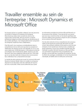 Travailler ensemble au sein de
l'entreprise : Microsoft Dynamics et
Microsoft Office
®

Vos équipes doivent au quotidien collaborer avec des personnes
se trouvant à l'intérieur et à l'extérieur de l'entreprise.
Elles doivent par ailleurs bien connaître les clients et les
opportunités commerciales. Afin de concevoir un logiciel
parfaitement adapté aux tâches effectuées par des personnes et
des sociétés spécifiques, il est indispensable de bien comprendre
les entreprises modernes et leurs collaborateurs.
Chez Microsoft, nous investissons considérablement dans la
compréhension de nos clients ainsi que dans la conception et
l'élaboration de solutions qui leur sont destinées. En un an, nous
avons réalisé avec 10 000 participants 1 100 études de recherche
et d'utilisation dans 43 laboratoires dédiés, répartis sur les sites
Microsoft. Nous avons également effectué plus de 1 700 visites
par an sur des sites clients afin d'observer leur environnement,
leurs méthodes et leur comportement de travail.

les informations et études de la division Microsoft Business sur
les processus et les individus, il nous permet de nous assurer
que nous nous concentrons bien sur les besoins spécifiques des
fonctions ciblées et leurs processus uniques lors de la conception
de nos solutions Microsoft Dynamics.
Fort de cette recherche et de sa compréhension des processus
métier et des logiciels de productivité, Microsoft vous aide
à réunir deux puissants systèmes d'information au sein de votre
entreprise, d'une manière plus intuitive et plus complète que
jamais auparavant. Conçus pour travailler ensemble selon des
méthodes nouvelles, Microsoft Dynamics et Microsoft Office
vous permettent d'augmenter le taux de pénétration des
données commerciales dans l'ensemble de l'entreprise. De plus,
ils offrent des avantages considérables en termes de productivité
individuelle, de fidélité client et d'efficacité commerciale.

Le résultat de cette recherche est ce que l’on nomme le Microsoft
Dynamics Customer Model. Grâce à ce modèle, les entreprises
disposent d'une description claire des méthodes de travail en
leur sein et entre elles. Utilisé comme référentiel pour toutes

11

Optimisation des processus métier Poser les « derniers jalons » de la productivité d'entreprise

 