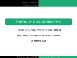 Introduction
Programme d’optimisation
Un exemple
Conclusion et extensions
Optimisation d’une allocation mixte
Thomas Merly...