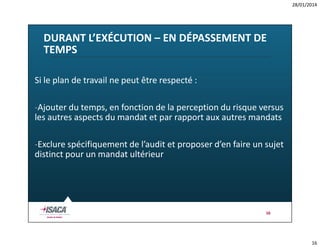 28/01/2014

DURANT L’EXÉCUTION – EN DÉPASSEMENT DE
TEMPS
Si le plan de travail ne peut être respecté :
-Ajouter du temps, en fonction de la perception du risque versus
les autres aspects du mandat et par rapport aux autres mandats
-Exclure spécifiquement de l’audit et proposer d’en faire un sujet
distinct pour un mandat ultérieur

16

16

 