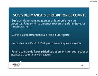 28/01/2014

SUIVIS DES MANDATS ET REDDITION DE COMPTE
-Expliquer clairement les attentes et le déroulement du
processus. Faire sentir sa présence tout au long de la résolution
(sans les tacher !)
-Suivre les recommandations à l’aide d’un registre
-Ne pas tester si l’audité n’est pas convaincu que c’est résolu
-Rendre compte de façon périodique et en fonction des risques et
attentes du comité de vérification

19

19

 