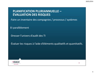 28/01/2014

PLANIFICATION PLURIANNUELLE –
ÉVALUATION DES RISQUES
-Faire un inventaire des compagnies / processus / systèmes
Et parallèlement
-Dresser l’univers d’audit des TI
-Évaluer les risques à l’aide d’éléments qualitatifs et quantitatifs.

4

4

 