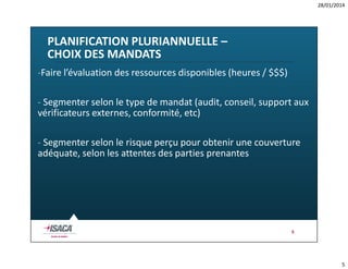 28/01/2014

PLANIFICATION PLURIANNUELLE –
CHOIX DES MANDATS
-Faire l’évaluation des ressources disponibles (heures / $$$)
- Segmenter selon le type de mandat (audit, conseil, support aux
vérificateurs externes, conformité, etc)
- Segmenter selon le risque perçu pour obtenir une couverture
adéquate, selon les attentes des parties prenantes

5

5

 