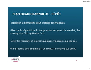 28/01/2014

PLANIFICATION ANNUELLE - DÉPÔT
-Expliquer la démarche pour le choix des mandats
- Illustrer la répartition du temps entre les types de mandat / les
compagnies / les systèmes / etc
-Lister les mandats et prévoir quelques mandats « au cas où »
 Permettra éventuellement de comparer réel versus prévu

7

7

 