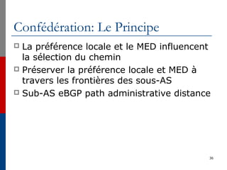 Confédération: Le Principe
 La préférence locale et le MED influencent
la sélection du chemin
 Préserver la préférence locale et MED à
travers les frontières des sous-AS
 Sub-AS eBGP path administrative distance
36
 