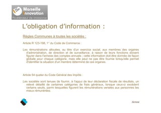 L’obligation d’information :
Règles Communes à toutes les sociétés :
Article R 123-198, 1° du Code de Commerce :
Les rémun...