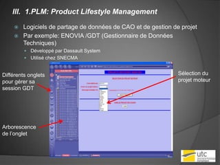 1.PLM: Product Lifestyle ManagementLogiciels de partage de données de CAO et de gestion de projetPar exemple: ENOVIA /GDT (Gestionnaire de Données Techniques)Développé par Dassault SystemUtilisé chez SNECMASélection du projet moteurDifférents onglets pour gérer sa session GDTArborescence de l’onglet
