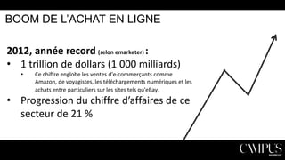 BOOM DE L’ACHAT EN LIGNE

2012, année record (selon emarketer) :
• 1 trillion de dollars (1 000 milliards)
•

Ce chiffre englobe les ventes d'e-commerçants comme
Amazon, de voyagistes, les téléchargements numériques et les
achats entre particuliers sur les sites tels qu'eBay.

• Progression du chiffre d’affaires de ce
secteur de 21 %

 