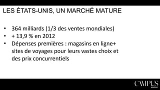 LES ÉTATS-UNIS, UN MARCHÉ MATURE

• 364 milliards (1/3 des ventes mondiales)
• + 13,9 % en 2012
• Dépenses premières : magasins en ligne+
sites de voyages pour leurs vastes choix et
des prix concurrentiels

 