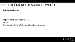 UNE EXPÉRIENCE D’ACHAT COMPLÈTE
Multiplateforme

Applications (ex: Netflix, FT…)
versus
Responsive Design/site mobile (eBay, Amazon…)

 