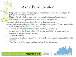 Axes d’amélioration Proposer des outils pour échanger et s’exprimer via un service en ligne de partage et visionnage de vidéos  Utiliser friends of glass pour notre communication auprès des jeunes  Lancement d’une opération en 2010 à échelle européenne : Organiser « le friendsofglass festival » sur le thème du verre  (re-utiliser le concept Begreenfilm sur la réalisation de pockets films - plus d’infos sur le concept sur  www.begreenfilms.com  ) Trouver des partenaires locaux : (par ex : EE, Adelphe…) Agrémenter le site de nouvelles vidéos …et sensibiliser le jeune public au matériau et au recyclage du verre… Actions RP online agrémenter la rubrique glass TV : y ajouter les vidéos, reportages et films déjà existants Améliorer le SEO : optimiser la stratégie de liens in & out 