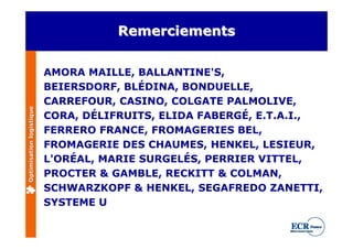 Remerciements


                          AMORA MAILLE, BALLANTINE'S,
                          BEIERSDORF, BLÉDINA, BONDUELLE,
                          CARREFOUR, CASINO, COLGATE PALMOLIVE,
Optimisation logistique




                          CORA, DÉLIFRUITS, ELIDA FABERGÉ, E.T.A.I.,
                          FERRERO FRANCE, FROMAGERIES BEL,
                          FROMAGERIE DES CHAUMES, HENKEL, LESIEUR,
                          L'ORÉAL, MARIE SURGELÉS, PERRIER VITTEL,
                          PROCTER & GAMBLE, RECKITT & COLMAN,
                          SCHWARZKOPF & HENKEL, SEGAFREDO ZANETTI,
                          SYSTEME U
 