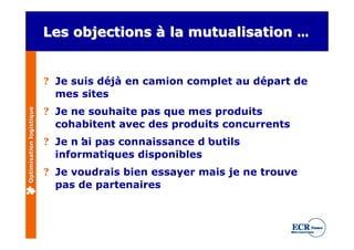Les objections à la mutualisation …


                          ? Je suis déjà en camion complet au départ de
                            mes sites
                          ? Je ne souhaite pas que mes produits
Optimisation logistique




                            cohabitent avec des produits concurrents
                          ? Je n’ pas connaissance d’
                                 ai                   outils
                            informatiques disponibles
                          ? Je voudrais bien essayer mais je ne trouve
                            pas de partenaires
 