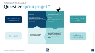 Qu’est-ce qu'un projet ?
©
Est nouveau
Ou est récurrent mais une
amélioration de l’existant (si une
situation est jugée comme non stable /
non maîtrisée)
A pour but de répondre à un
objectif précis et mesurable
(SMART)
A des contraintes de délais, coûts
et ressources
Est un enchainement d’actions
structurées, coordonnées et
planifiées dans le temps, qui
assurent des livrables de
qualité
Est transverse / implique
plusieurs départements
 