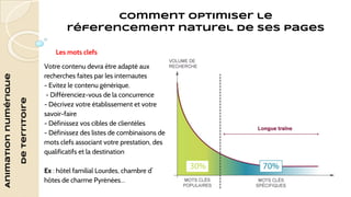 Animation numérique 
de territoire 
Comment optimiser le 
réferencement naturel de ses pages 
Les mots clefs 
Votre contenu devra être adapté aux 
recherches faites par les internautes 
- Evitez le contenu générique. 
- Différenciez-vous de la concurrence 
- Décrivez votre établissement et votre 
savoir-faire 
- Définissez vos cibles de clientèles 
- Définissez des listes de combinaisons de 
mots clefs associant votre prestation, des 
qualificatifs et la destination 
Ex : hôtel familial Lourdes, chambre d’ 
hôtes de charme Pyrénées… 
 