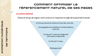 Animation numérique 
de territoire 
Comment optimiser le 
réferencement naturel de ses pages 
Le contenu éditorial 
Prenez le temps de soigner votre contenu en respectant la règle de la pyramide inversée 
Un titre qui résume le contenu et inclut des mots clés 
Un paragraphe qui synthétise et contient plusieurs 
mots clés 
Un titre de 2° niveau qui intègre des 
informations importantes 
Un titre de 3° niveau 
Développement 
 