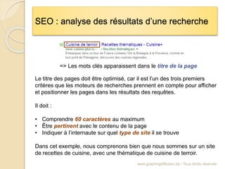 SEO : analyse des résultats d’une recherche
www.graphingdiffusion.be - Tous droits réservés
=> Les mots clés apparaissent dans le titre de la page
Le titre des pages doit être optimisé, car il est l’un des trois premiers
critères que les moteurs de recherches prennent en compte pour afficher
et positionner les pages dans les résultats des requêtes.
Il doit :
• Comprendre 60 caractères au maximum
• Être pertinent avec le contenu de la page
• Indiquer à l’internaute sur quel type de site il se trouve
Dans cet exemple, nous comprenons bien que nous sommes sur un site
de recettes de cuisine, avec une thématique de cuisine de terroir.
 