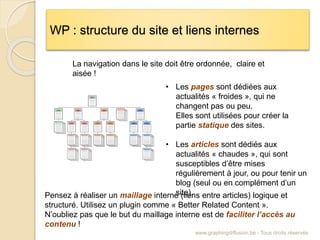 WP : structure du site et liens internes
www.graphingdiffusion.be - Tous droits réservés
La navigation dans le site doit être ordonnée, claire et
aisée !
• Les pages sont dédiées aux
actualités « froides », qui ne
changent pas ou peu.
Elles sont utilisées pour créer la
partie statique des sites.
• Les articles sont dédiés aux
actualités « chaudes », qui sont
susceptibles d’être mises
régulièrement à jour, ou pour tenir un
blog (seul ou en complément d’un
site).Pensez à réaliser un maillage interne (liens entre articles) logique et
structuré. Utilisez un plugin comme « Better Related Content ».
N’oubliez pas que le but du maillage interne est de faciliter l’accès au
contenu !
 