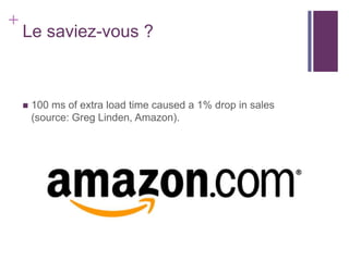 +
    Le saviez-vous ?



       100 ms of extra load time caused a 1% drop in sales
        (source: Greg Linden, Amazon).
 